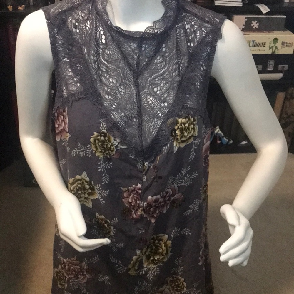Gray lace and floral high-neck top